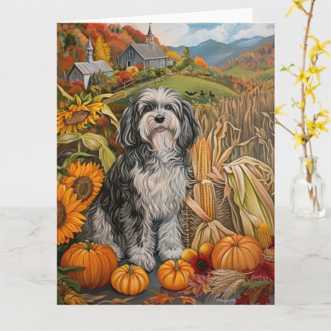 Tarjeta Perro Havanés Cosecha de Otoño Día de Acción de Gr (flor amarilla)