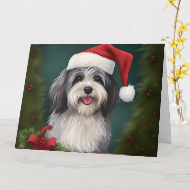 Tarjeta Perro Havanés en Navidad con Nieve (flor amarilla)