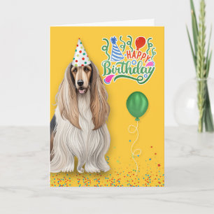 Tarjeta Perro hound afgano en un Gorra Fiesta en cumpleaño