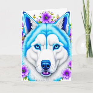 Tarjeta Perro Husky con ojos azules y flores Cumpleaños