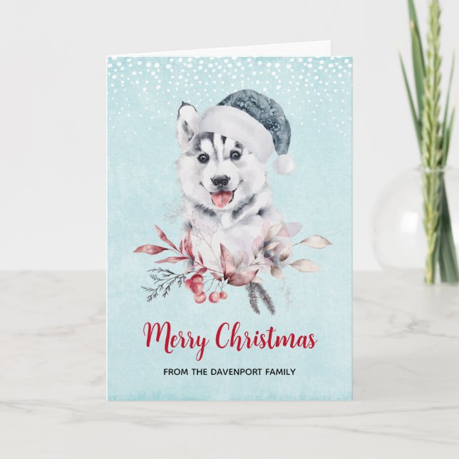Tarjeta Perro Husky de Navidad con un sombrero de Santa (Anverso)