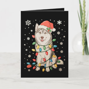 Tarjeta Perro Husky Gorro de Santa Luces del Árbol de Navi