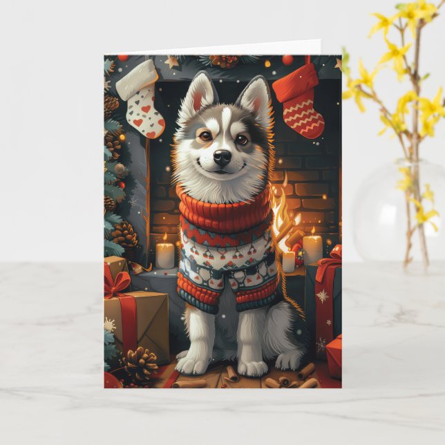 Tarjeta Perro Husky Siberiano Con Chimenea De Regalos Navi (flor amarilla)