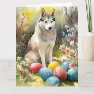 Tarjeta Perro Husky Siberiano con festividad de huevos de 