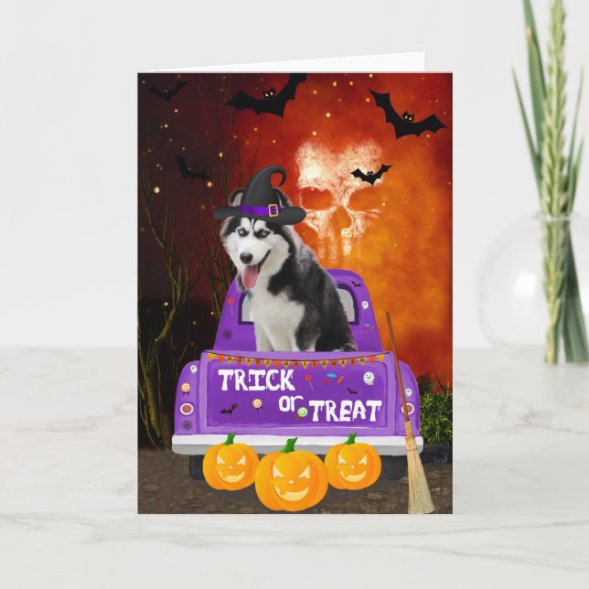Tarjeta perro husky siberiano en camión de Halloween (Anverso)
