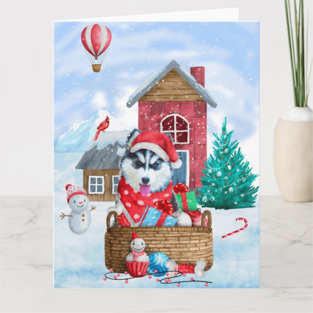 Tarjeta Perro Husky Siberiano en casa de perros de Navidad (Anverso)