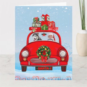 Tarjeta Perro Husky Siberiano En Coche Con Papá Noel