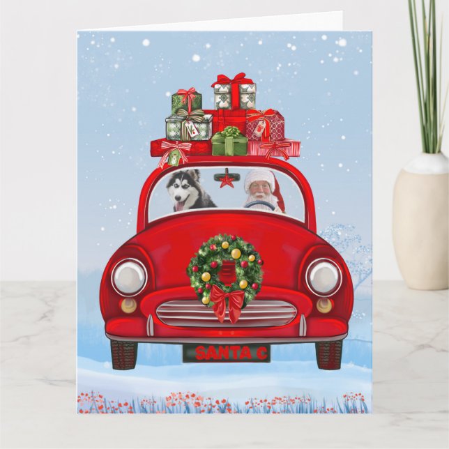Tarjeta Perro Husky Siberiano en Coche con Papá Noel (Anverso)