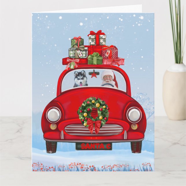 Tarjeta Perro Husky Siberiano En Coche Con Papá Noel (Anverso)