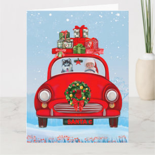 Tarjeta Perro Husky Siberiano En Coche Con Papá Noel