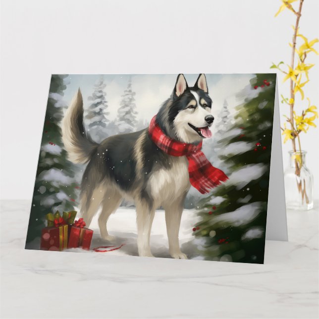 Tarjeta Perro Husky Siberiano en Navidad con nieve (flor amarilla)