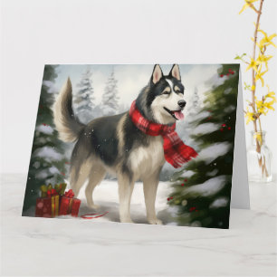 Tarjeta Perro Husky Siberiano en Navidad con nieve