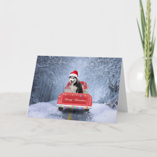 Tarjeta Perro Husky Siberiano en un camión de Navidades se (Anverso)