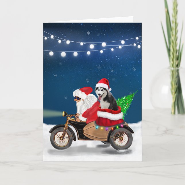 Tarjeta Perro Husky Siberiano Navidad Santa Claus   (Anverso)