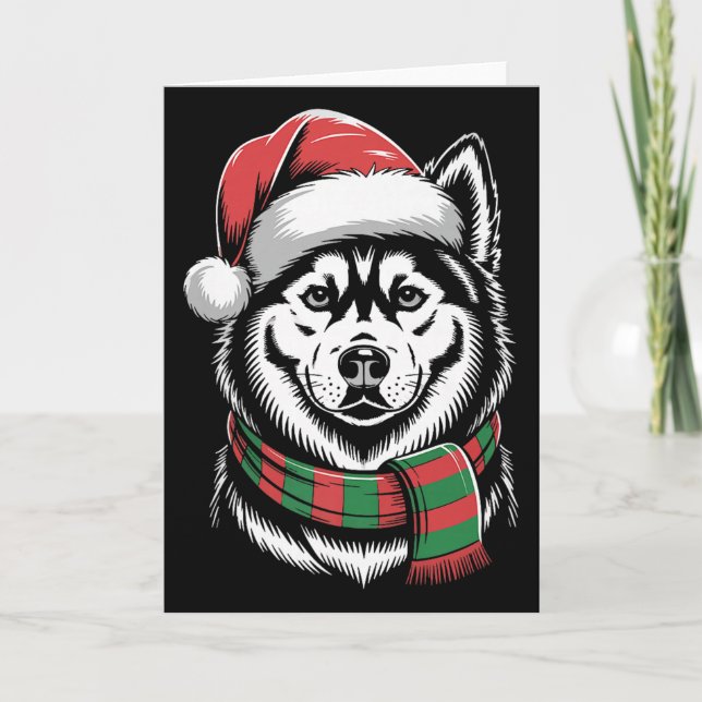 Tarjeta Perro Husky Siberiano Navidad Sombrero Santa Bufan (Anverso)