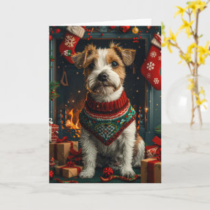 Tarjeta Perro Jack Russell con regalos de Navidad chimenea