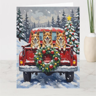 Tarjeta Perro Japonés Chin Navidad Camión Rojo Fiesta