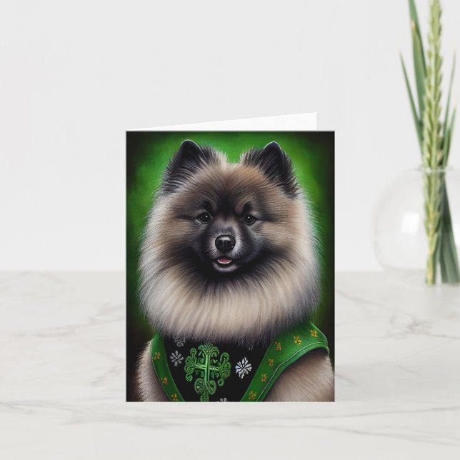 Tarjeta Perro Keeshond con vestido de San Patricio (Anverso)