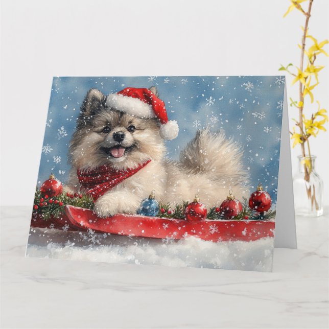 Tarjeta Perro Keeshond en la manga que nieva a los Navidad (flor amarilla)