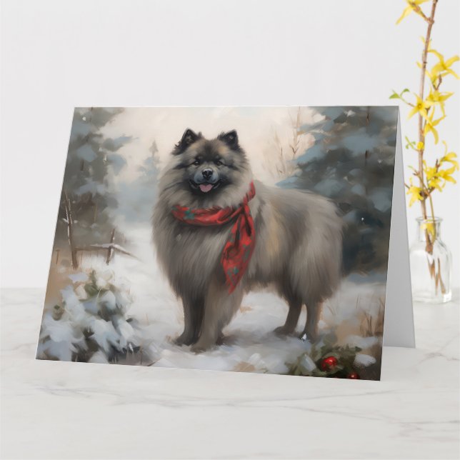 Tarjeta Perro Keeshond en Navidades de nieve (flor amarilla)
