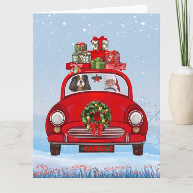 Tarjeta Perro King Cavalier en coche con Papá Noel  (Anverso)