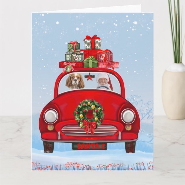 Tarjeta Perro King Cavalier en coche con Papá Noel (Anverso)