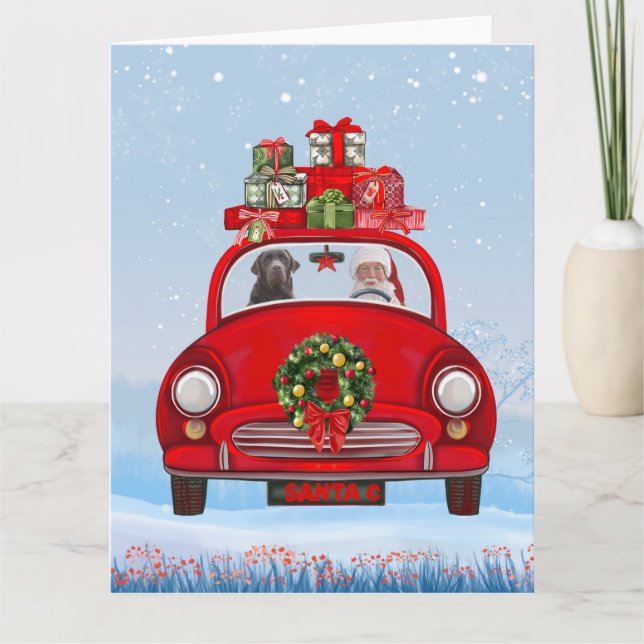 Tarjeta Perro Labrador en coche con Papá Noel  (Anverso)