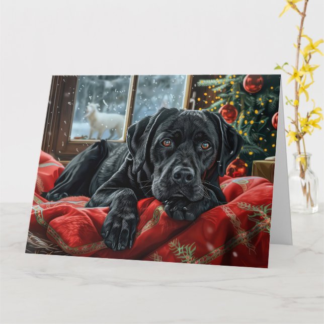 Tarjeta Perro Labrador Negro Festividad de Navidad (flor amarilla)