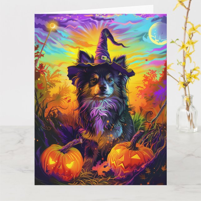 Tarjeta Perro Lapphund Finlandés Halloween Bruja Y Calabaz (flor amarilla)