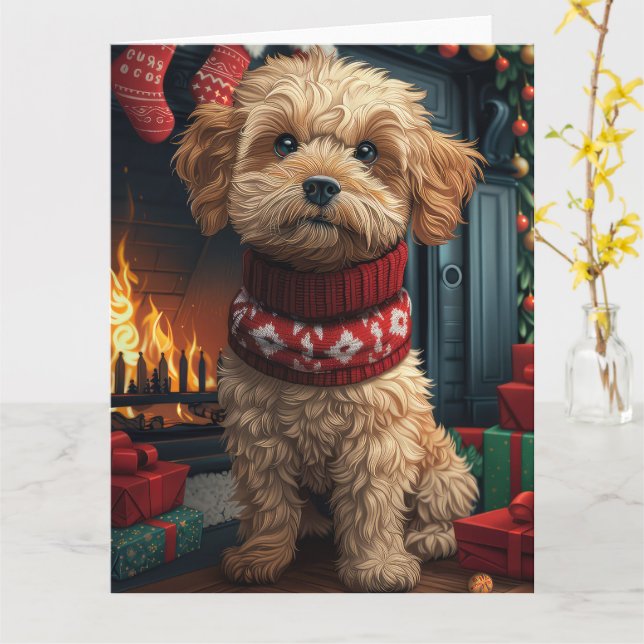 Tarjeta Perro Lhasa Apso con regalos de Navidad junto a la (flor amarilla)