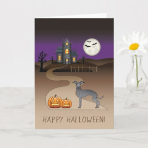 Tarjeta Perro lindo Blue Iggy y casa embrujada de Hallowee