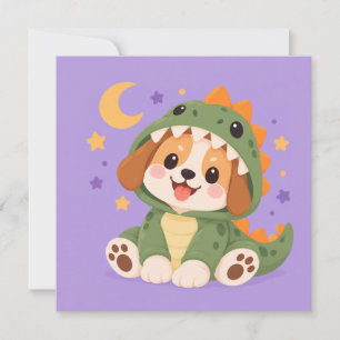 Tarjeta Perro lindo con disfraz de dinosaurio ilustración