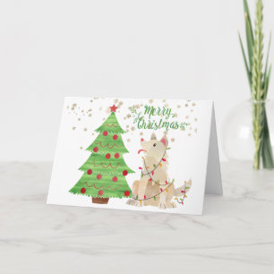 Tarjeta Perro lindo envuelto en Navidades ilumina al lado 