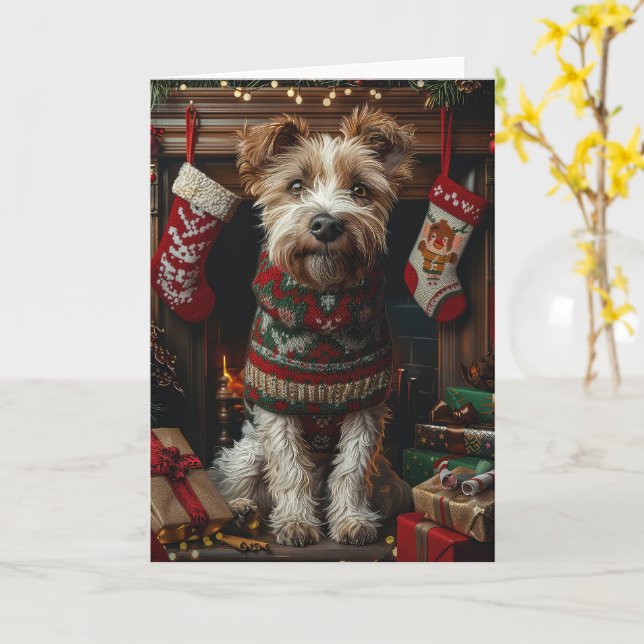 Tarjeta Perro lobo con chimenea de Navidades (flor amarilla)