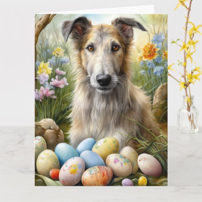Tarjeta Perro lobo con festividad de huevos de Pascua (flor amarilla)