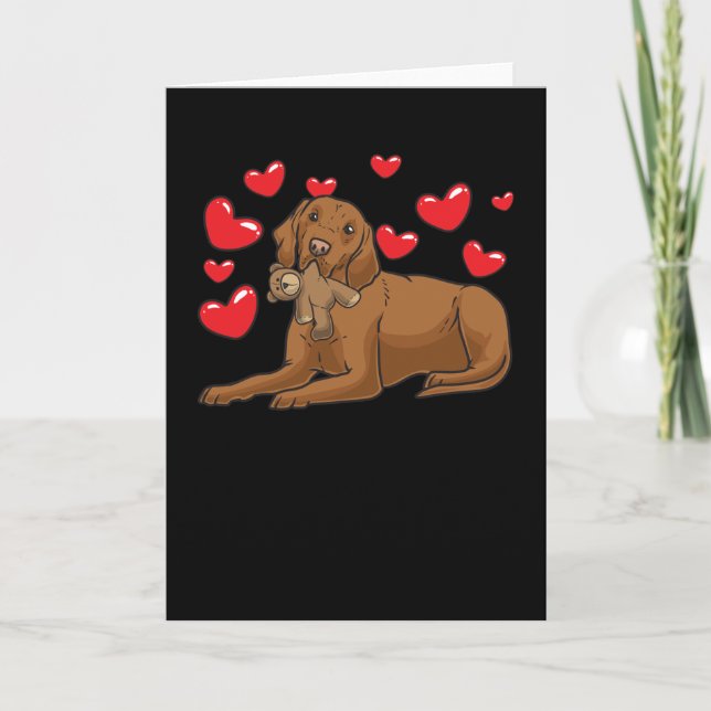 Tarjeta Perro Magyar Vizsla con animal relleno y corazones (Anverso)