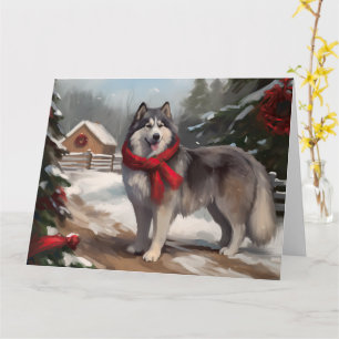Tarjeta Perro malamute de Alaska en Navidades de nieve