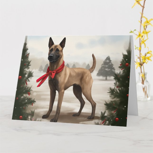 Tarjeta Perro Malinois Belga en Navidad con Nieve (flor amarilla)