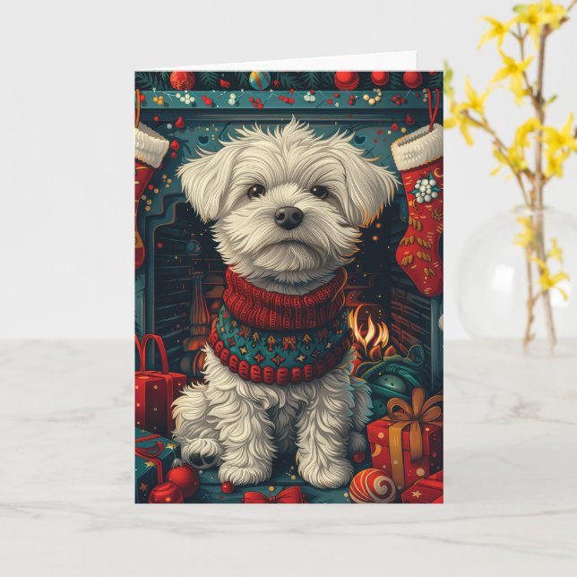 Tarjeta Perro Maltés con regalos de Navidad Chimenea (flor amarilla)
