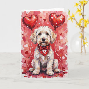 Tarjeta Perro maltés de San Valentín con corazones rojo