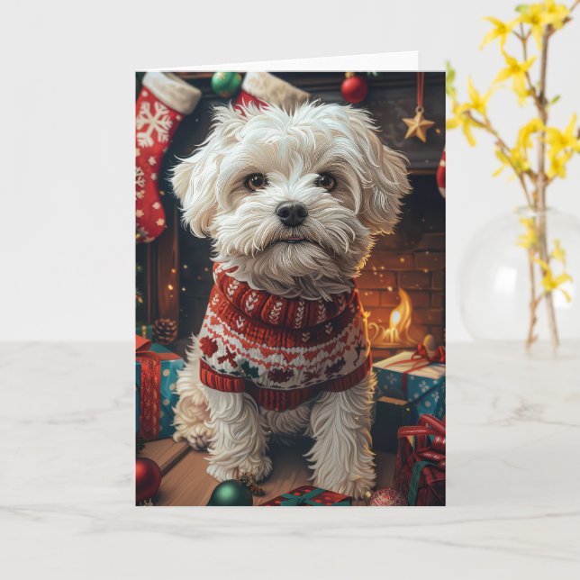 Tarjeta Perro Malti Tzu Con Chimenea De Regalos Navidades (flor amarilla)