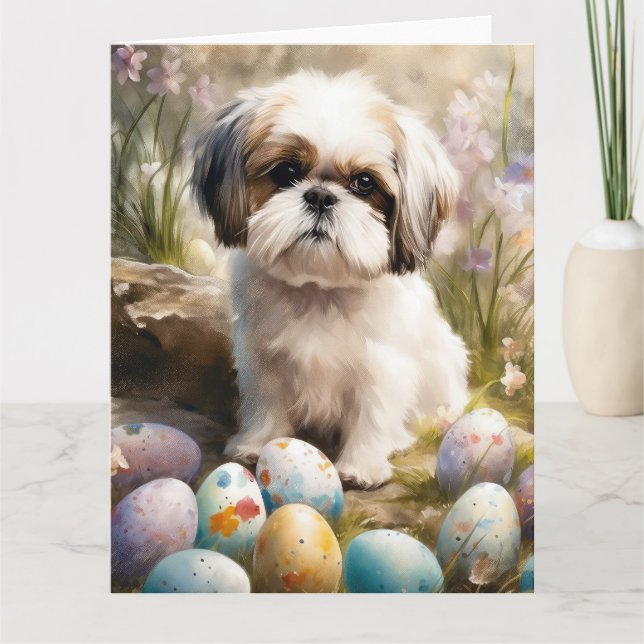 Tarjeta Perro malti tzu con festividad de huevos de Pascua (Anverso)