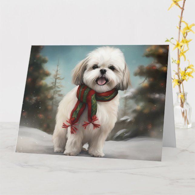 Tarjeta Perro Malti Tzu en Navidades de nieve (flor amarilla)