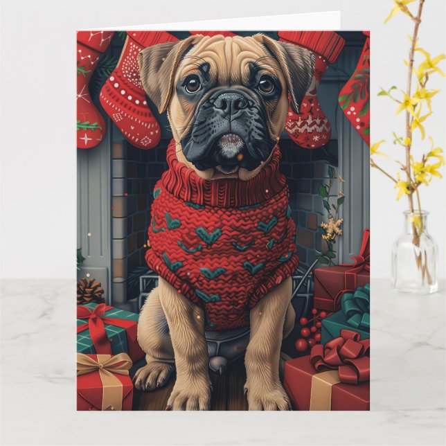 Tarjeta Perro mastiff con chimenea de regalos para Navidad (flor amarilla)