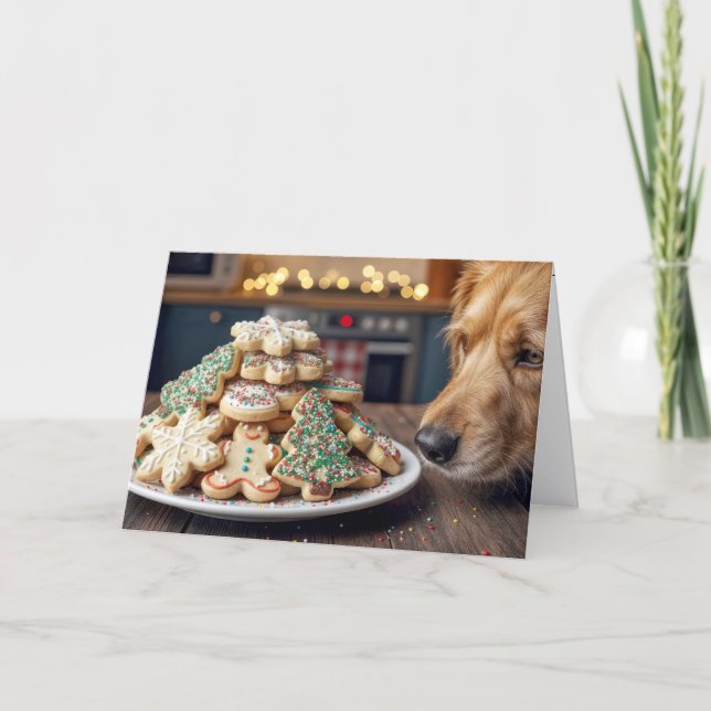 Tarjeta Perro oliendo galletas de azúcar de Navidad (Anverso)