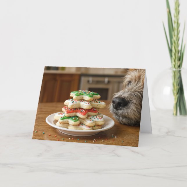 Tarjeta Perro oliendo galletas de azúcar de Navidad (Anverso)