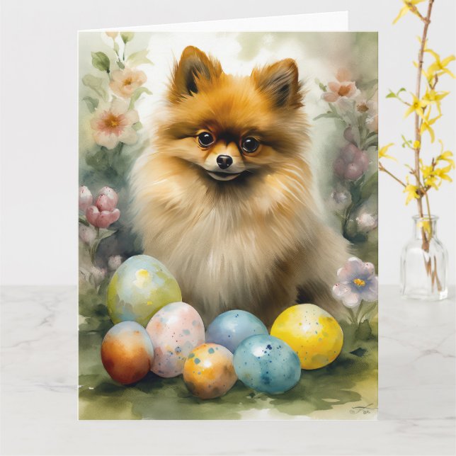 Tarjeta Perro panomerano con festividad de huevos de Pascu (flor amarilla)