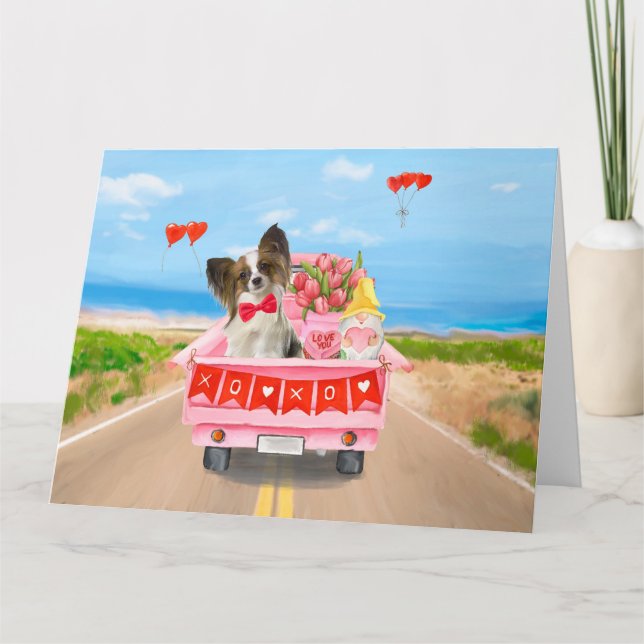 Tarjeta Perro Papillon Camión de corazones del día de San  (Anverso)