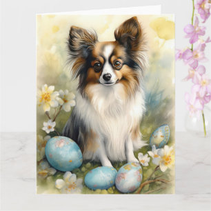 Tarjeta Perro Papillon con festividad de huevos de Pascua