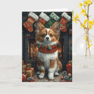 Tarjeta Perro Papillon con regalos de Navidad Chimenea
